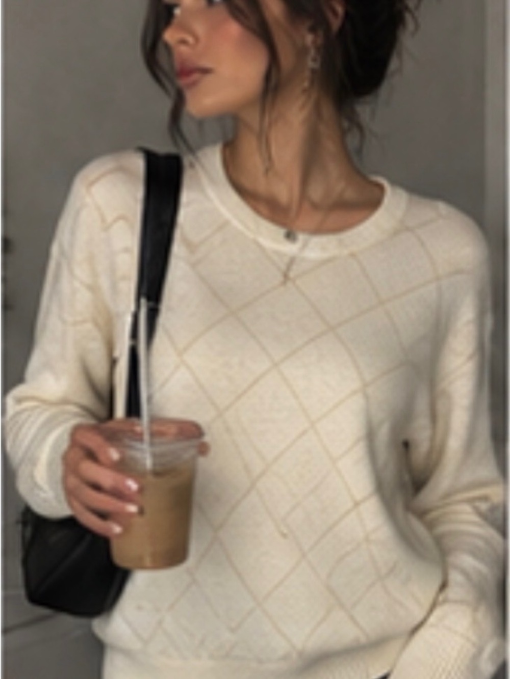 Tahari Cream Crewneck Sweater with Subtle Diamond Grid